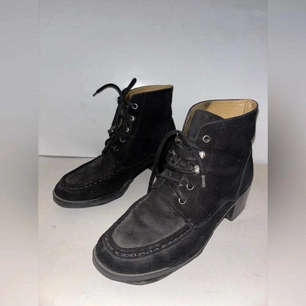 9 & Co Black Suede Lace-Up‎ Ankle Boots Women 7.5 Block Heel Moc Toe Outdoorwear